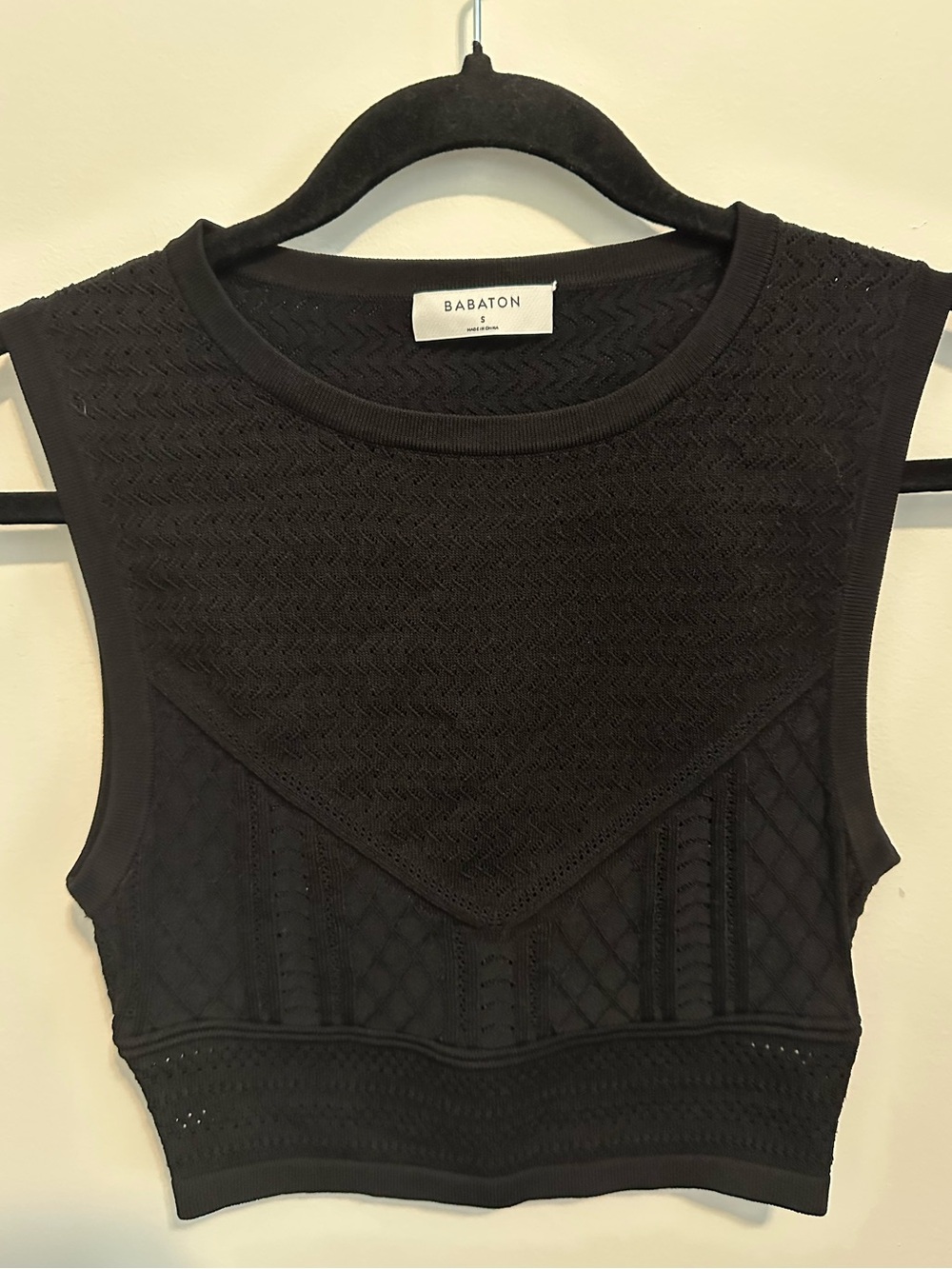 Babaton Black Crochet Knit Crop Tank